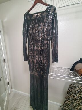 Black Sequin Long Sleeve Evening Gown (Stretches)